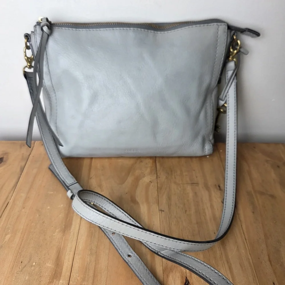 Fossil Gray Leather Crossbody Bag Soft Pebbled Leather Zip Top Key Charm...